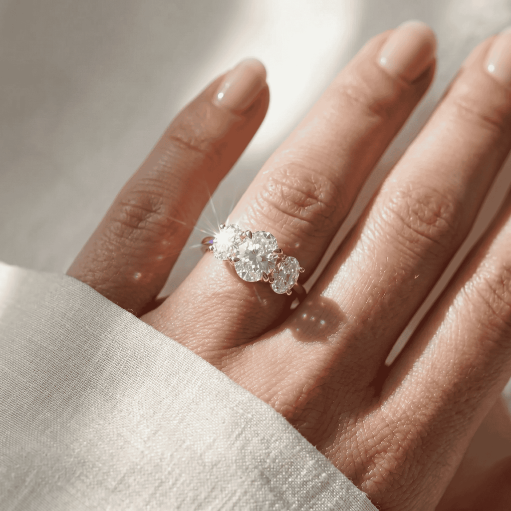 Three Stone Oval Engagement Ring | Lab Grown Diamond | 14K Yellow Gold Classic Bridal Ring