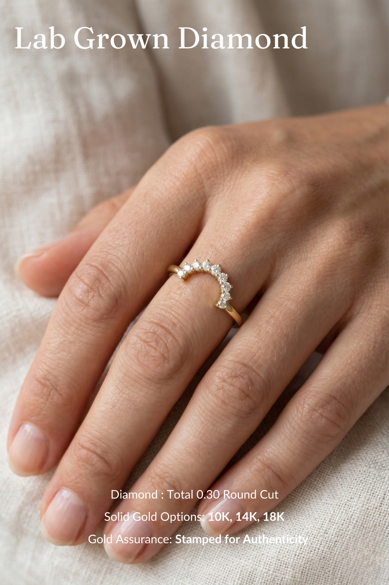 U Shaped Diamond Stackable Band 0.30 Carat, Curved Diamond Wedding Band, Round Diamond Contour Band, Stackable Gold Ring, Minimalist Band