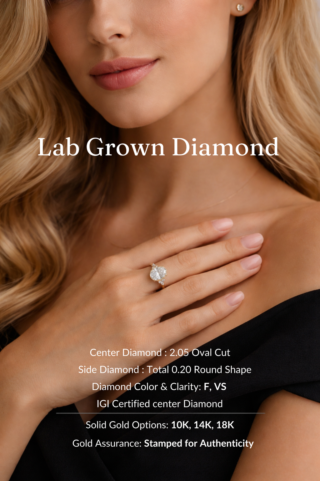 Oval Diamond Engagement Ring 2.05 Carat, Oval Diamond Ring with Side Stones,Hidden Detail Diamond Ring, Gold Engagement Ring, Lab Grown Ring