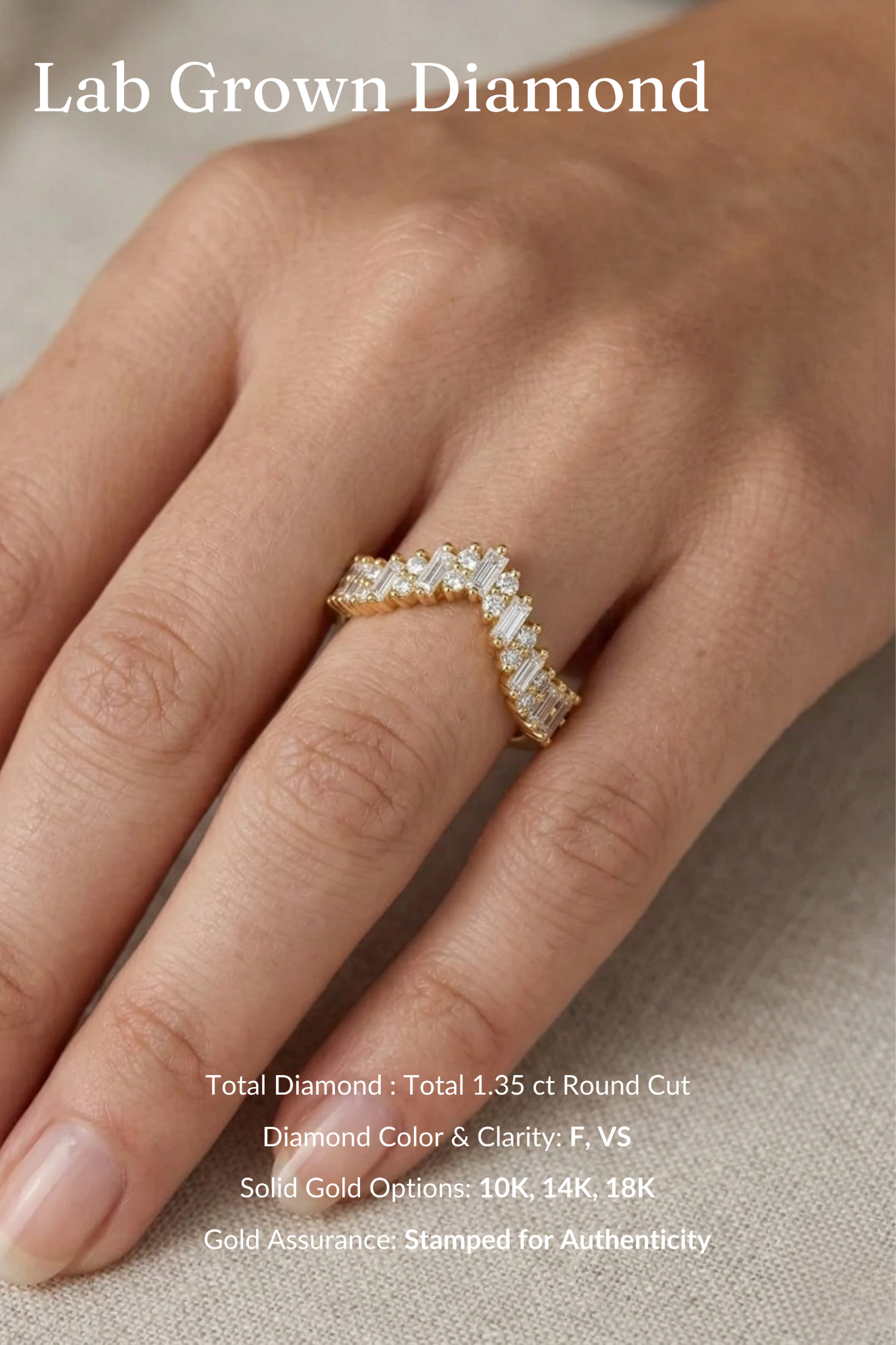 Chevron Diamond Band 1.35 Carat, Mixed Shape Diamond Band, V Shaped Wedding Band, Baguette and Round Diamond Ring, Stackable Gold Band