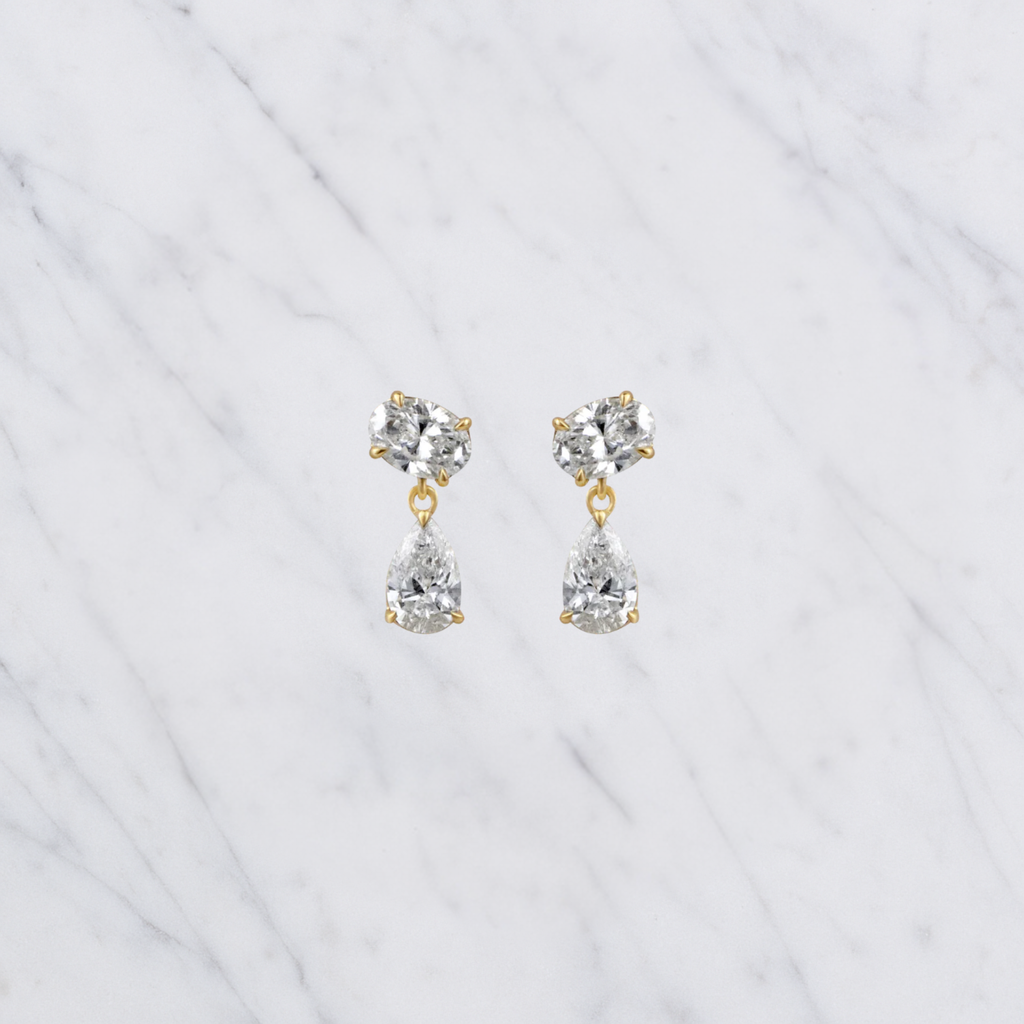 Oval & Pear Cut Lab Grown Diamond Two Stone Earrings in Solid 14K Gold