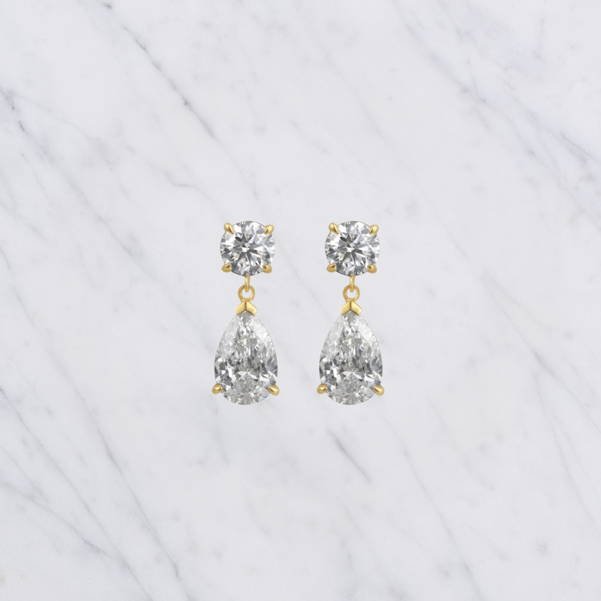 Round & Pear Cut Lab Grown Diamond Two Stone Earrings in Solid 14K Gold