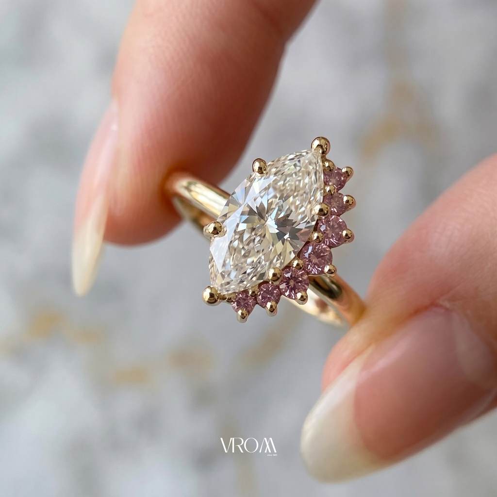 Marquise Lab Grown Diamond & Pink Sapphire Two Stone Ring in 14K or 18K Gold