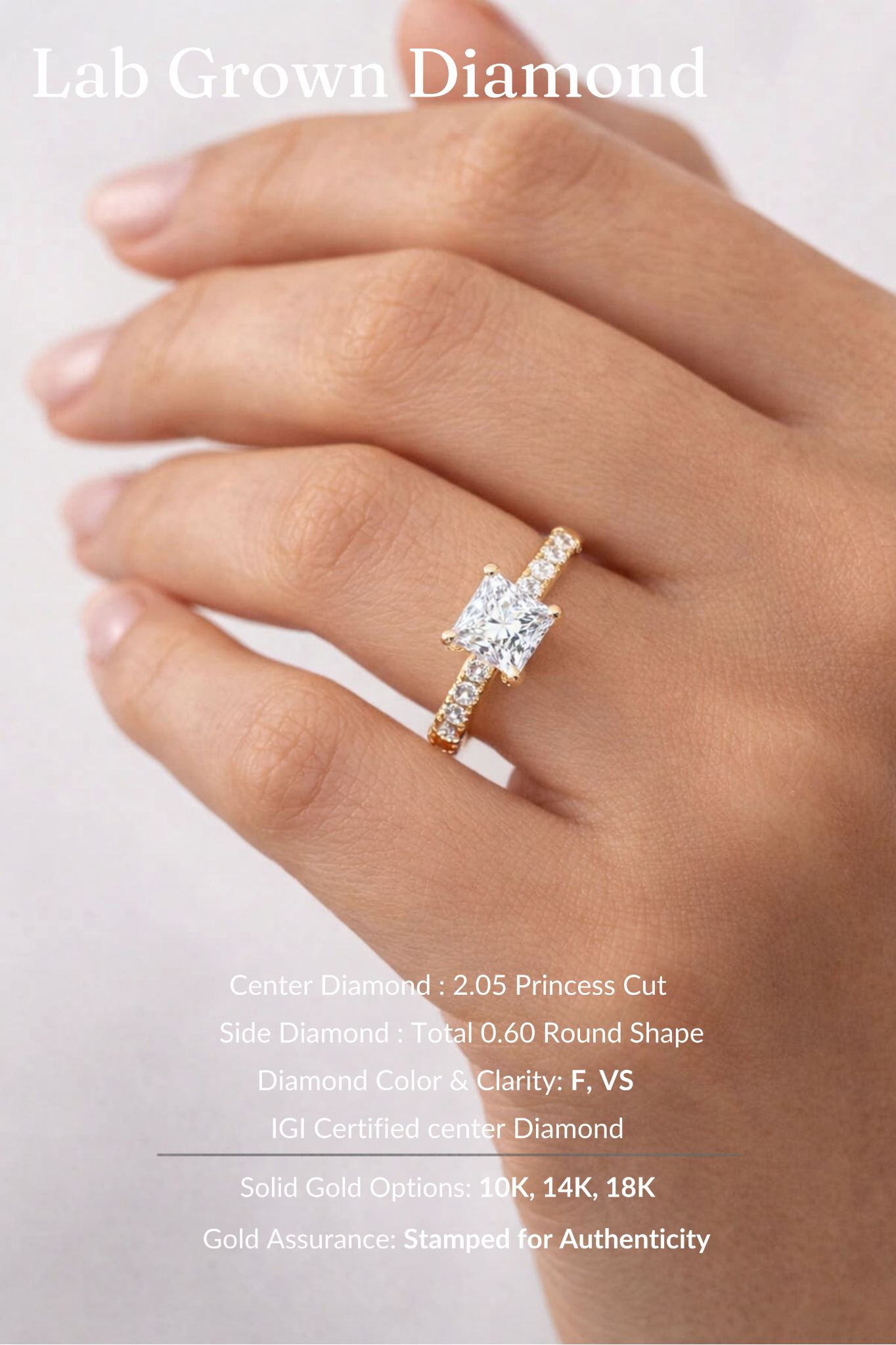 Princess Diamond Engagement Ring 2.05 Carat, Hidden Halo Diamond Ring, Princess Cut Diamond Ring with Side Stones, Engagement Ring, Lab Ring