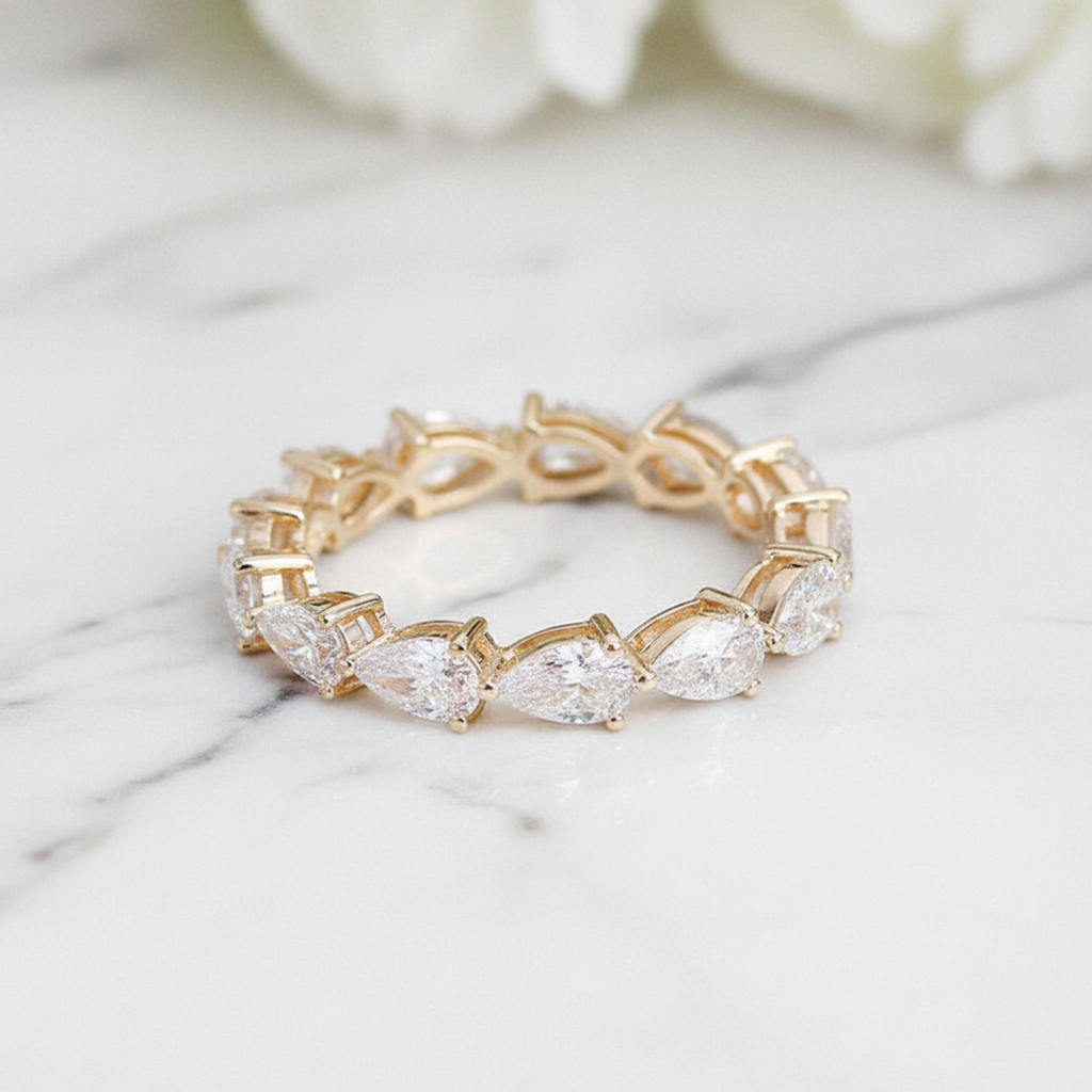 Modern Pear Cut Eternity Ring East West Style | Lab Grown Diamond | 14K Yellow Gold