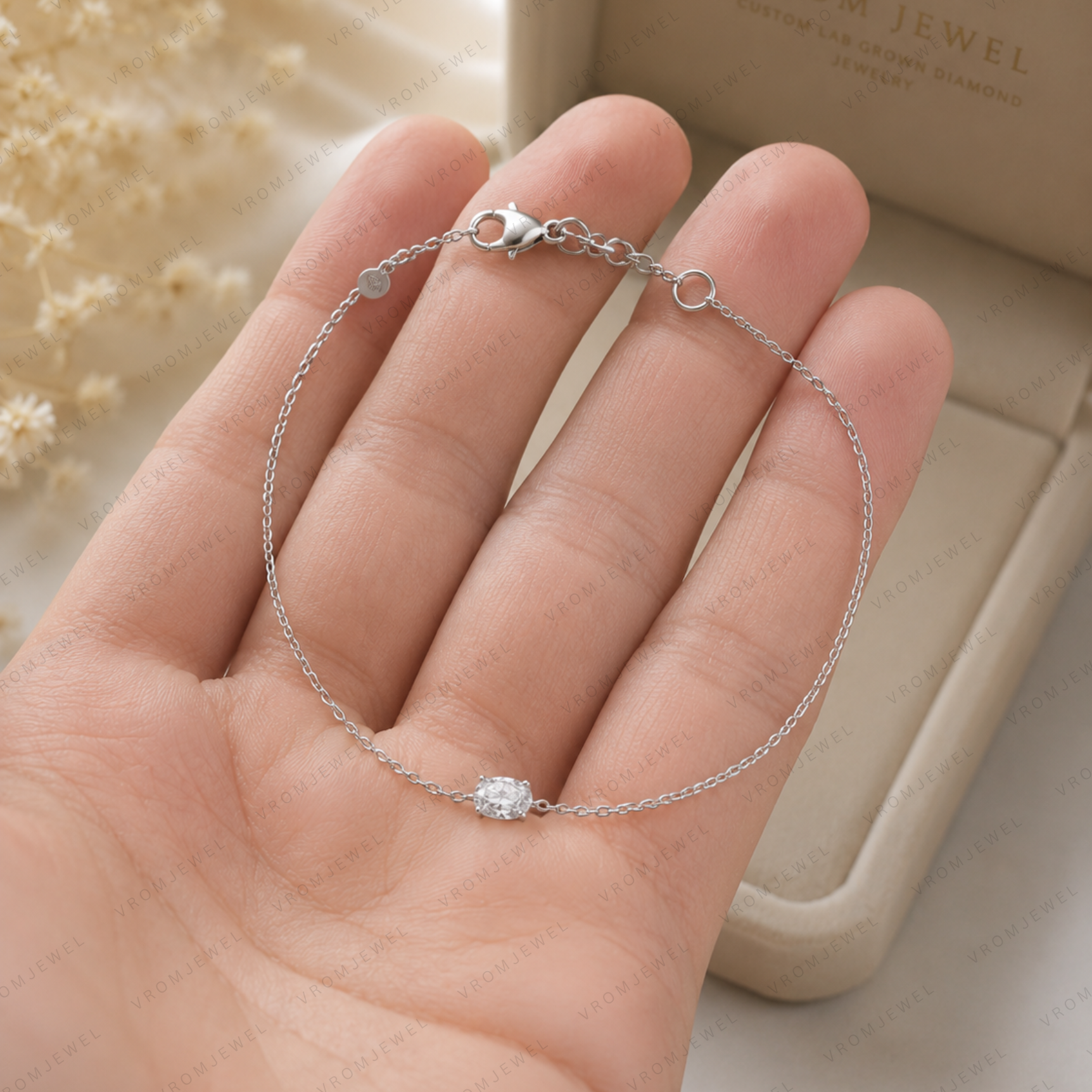 Minimalist Oval Lab Grown Diamond Solitaire Bracelet in Solid 14K Gold