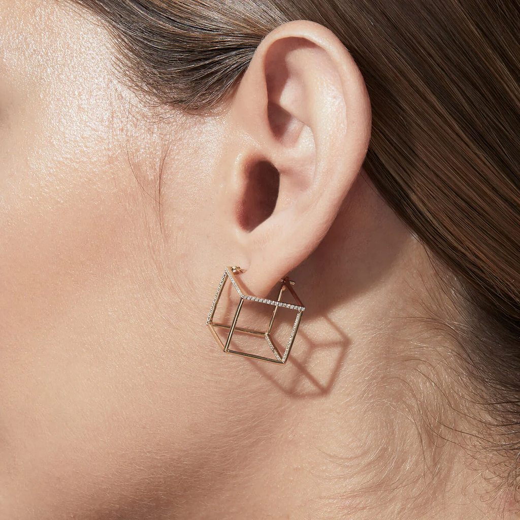 3D Geometric Cube Earrings | Lab Grown Diamond | 14K Yellow Gold Square Design
