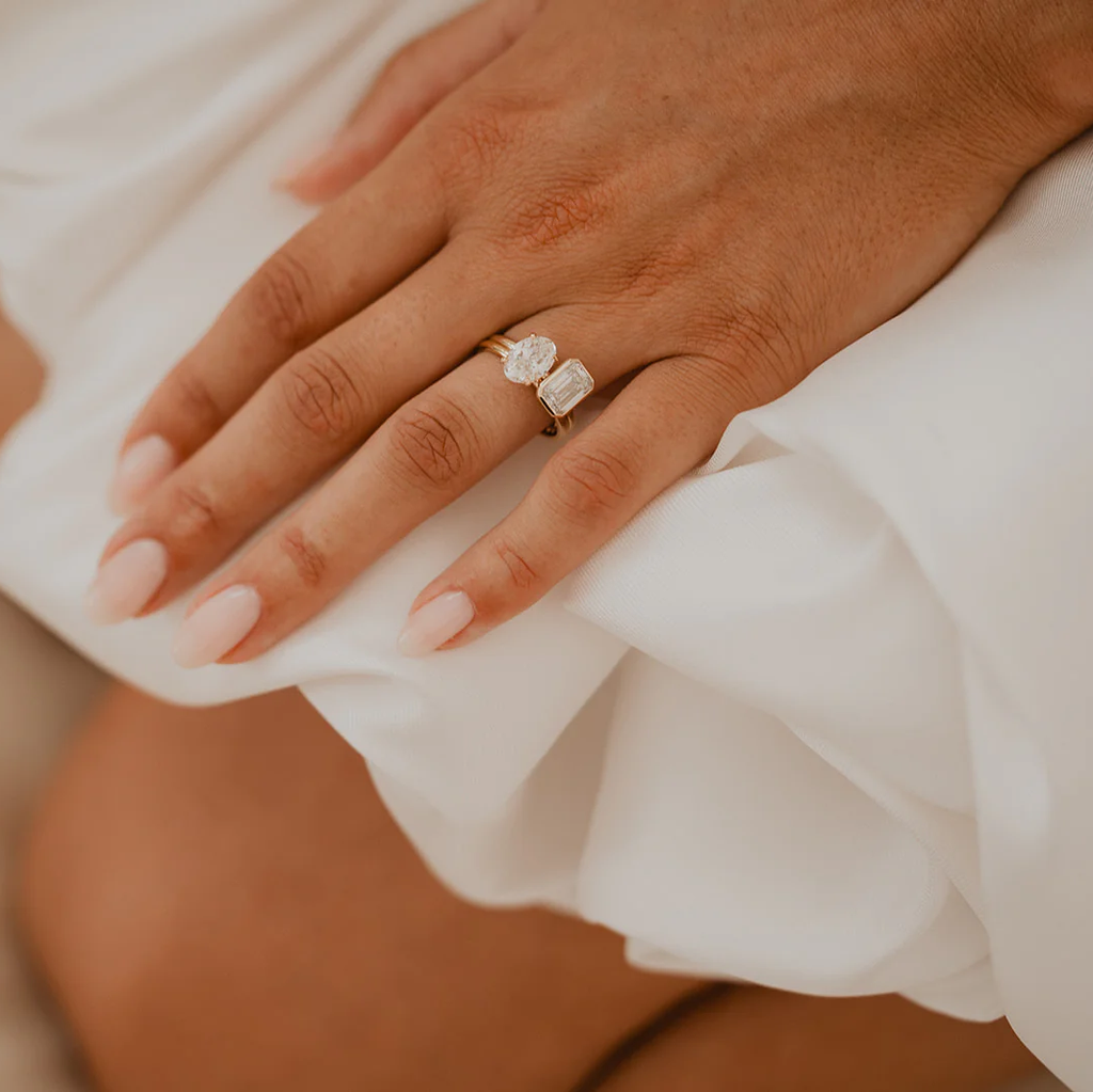 Modern Emerald Engagement Ring | Lab Grown Diamond | 14K Yellow Gold Bezel Solitaire Ring