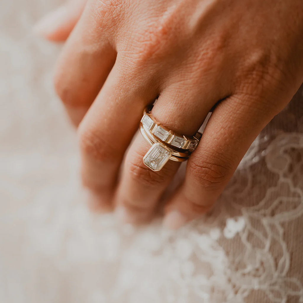 Modern Emerald Engagement Ring | Lab Grown Diamond | 14K Yellow Gold Bezel Solitaire Ring