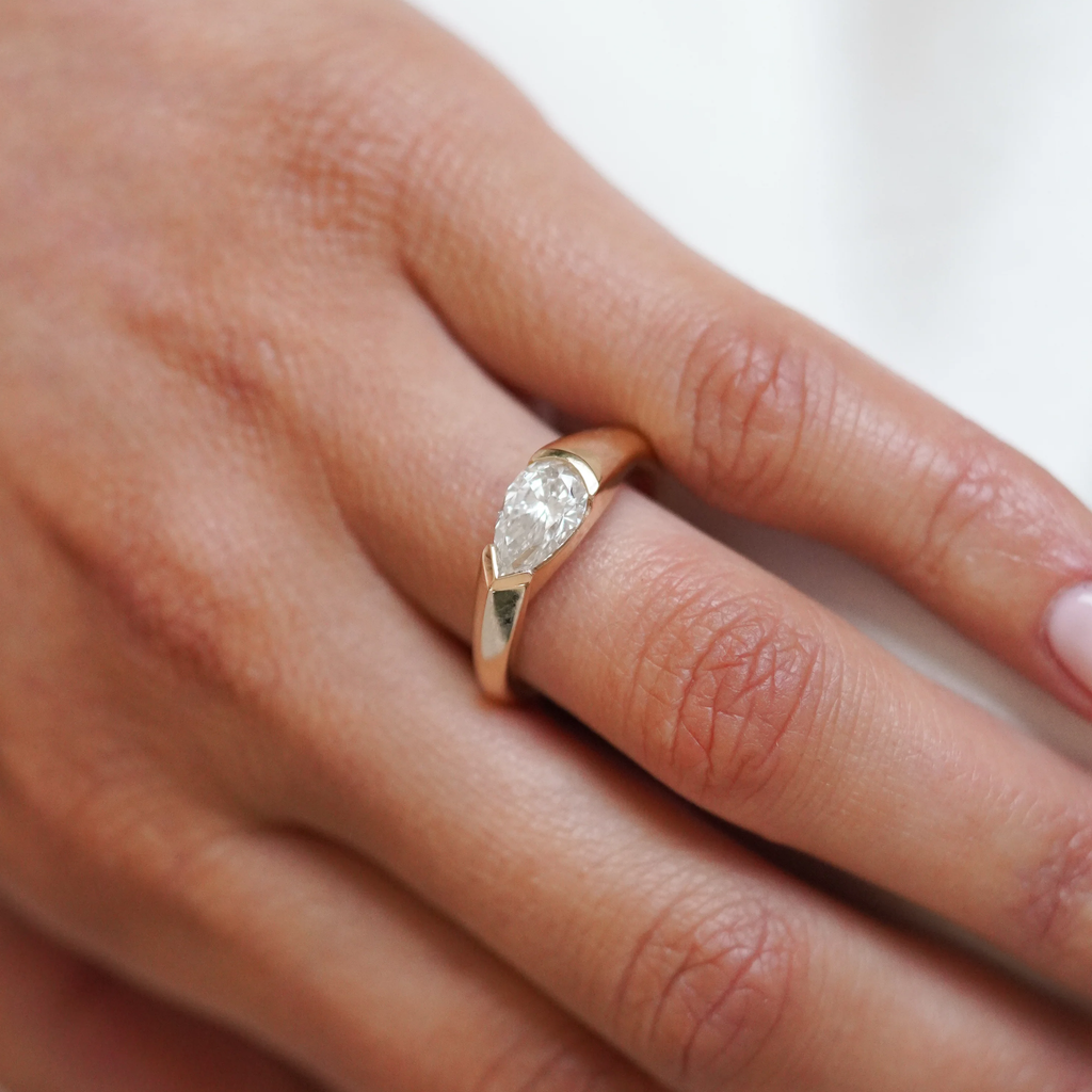 East West Half Bezel Pear Engagement Ring | Lab Grown Diamond | 14K Yellow Gold Modern Solitaire