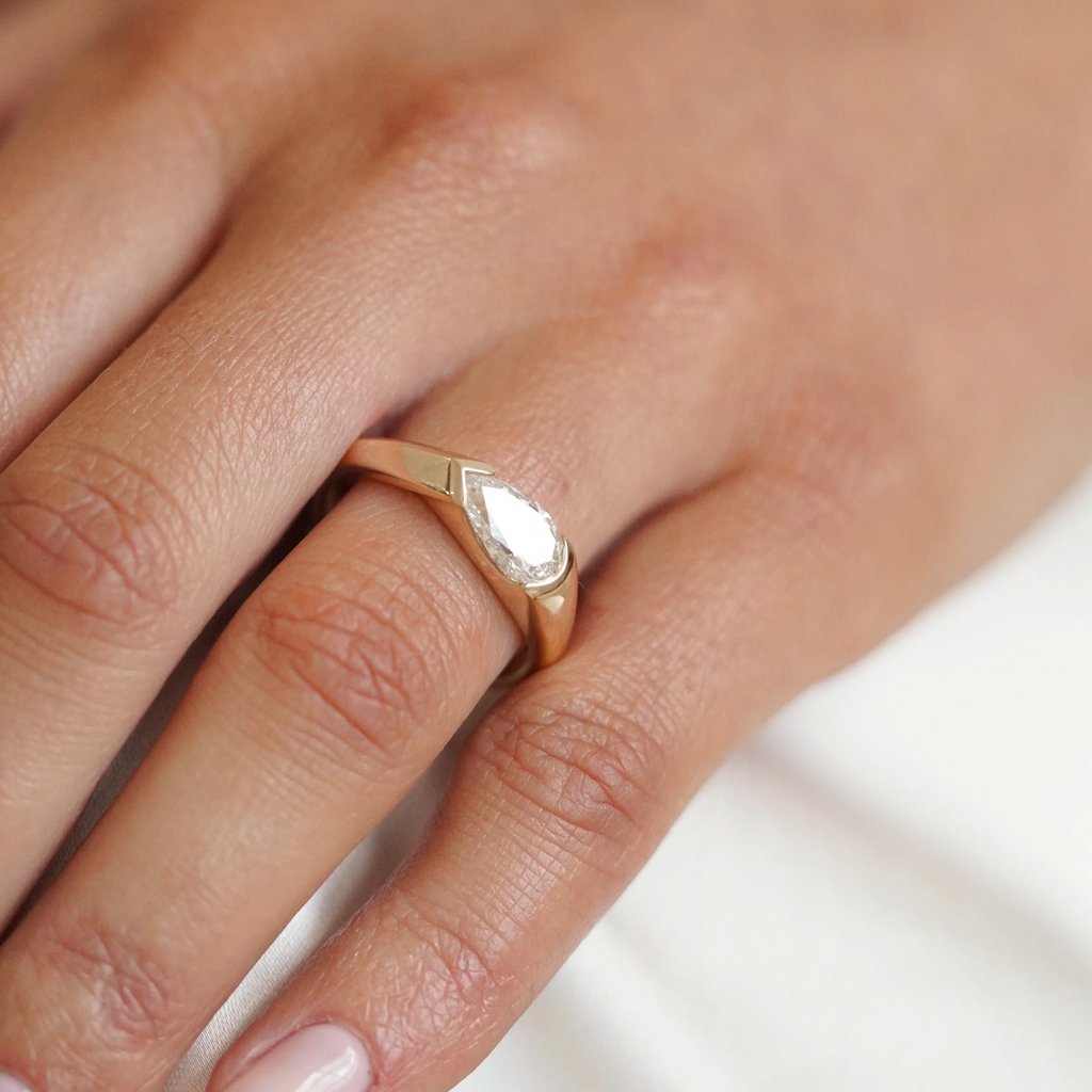 East West Half Bezel Pear Engagement Ring | Lab Grown Diamond | 14K Yellow Gold Modern Solitaire