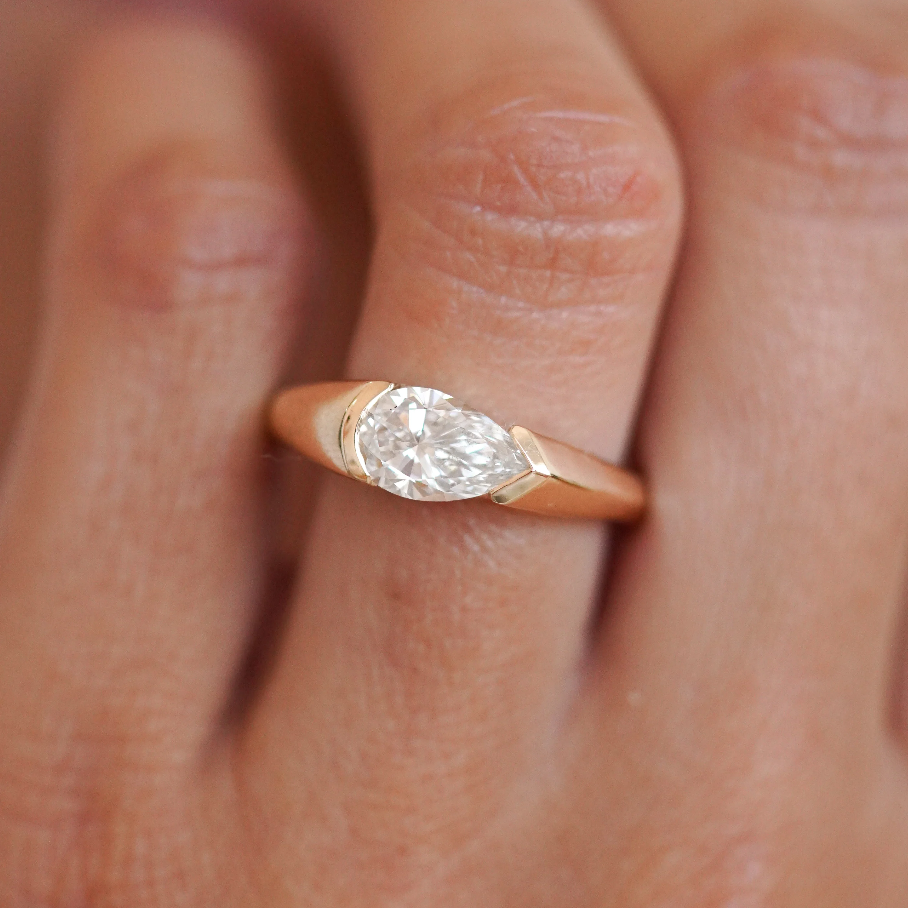 East West Half Bezel Pear Engagement Ring | Lab Grown Diamond | 14K Yellow Gold Modern Solitaire