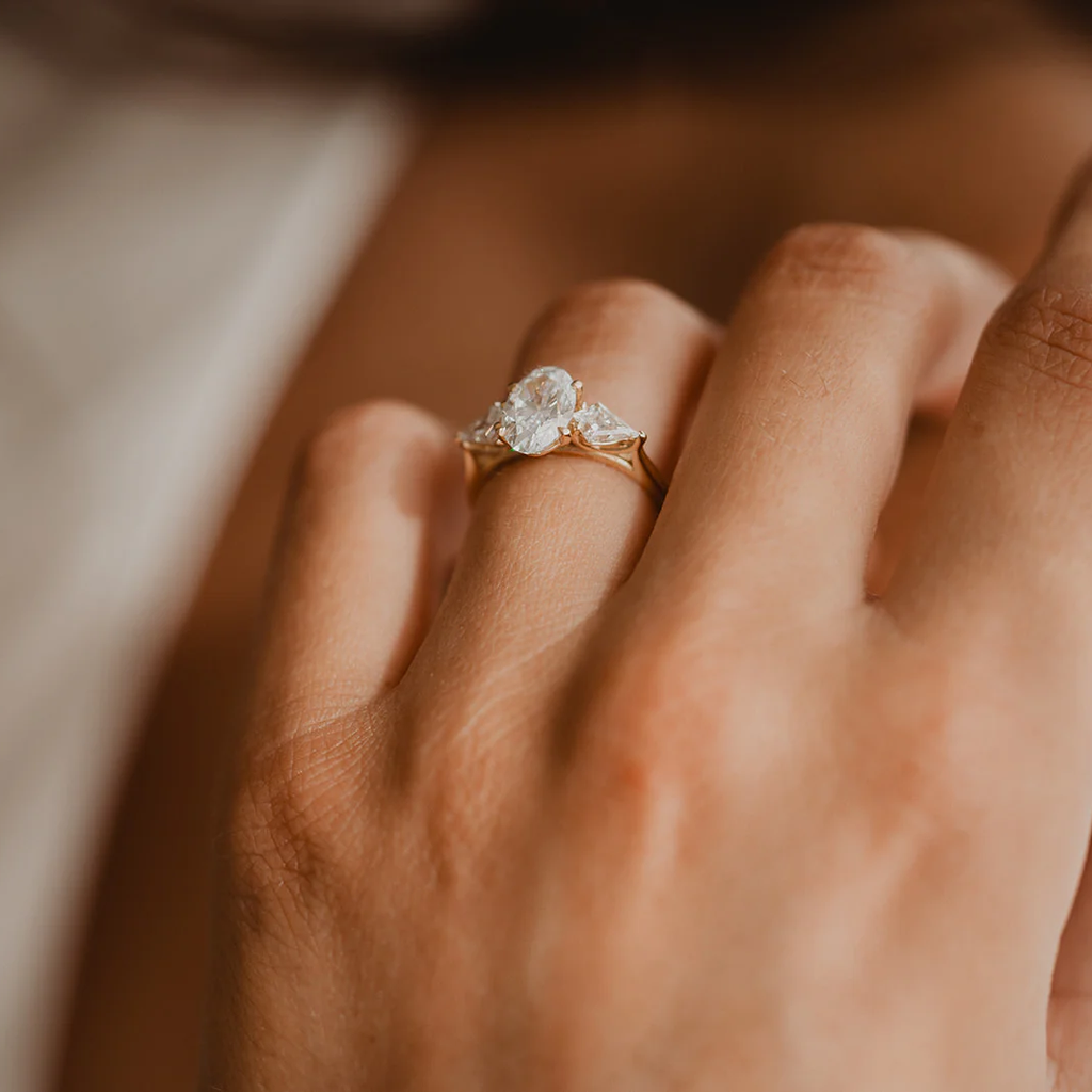 Trilogy Oval and Kite Engagement Ring | Lab Grown Diamond | 14K Yellow Gold Three Stone Ring
