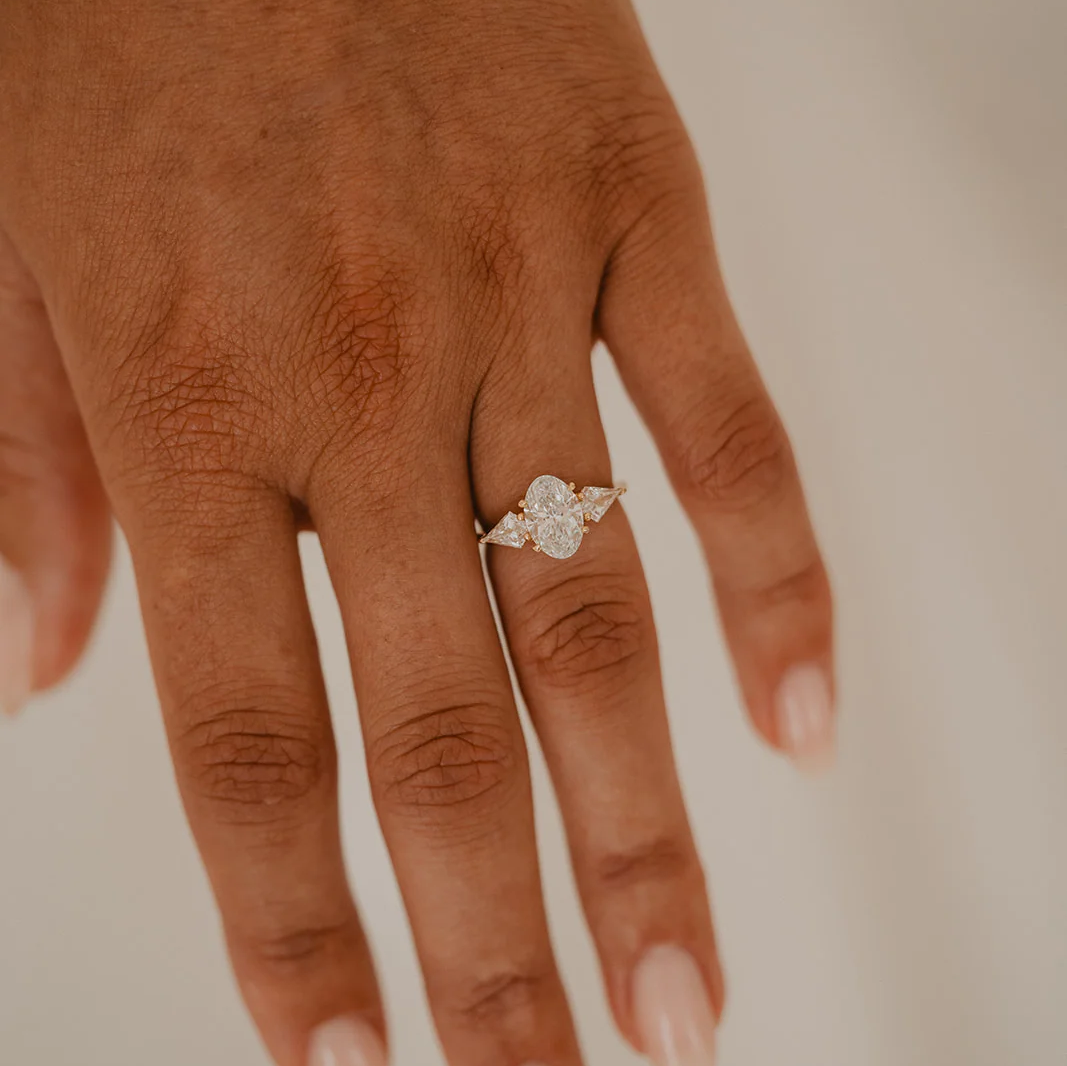 Trilogy Oval and Kite Engagement Ring | Lab Grown Diamond | 14K Yellow Gold Three Stone Ring