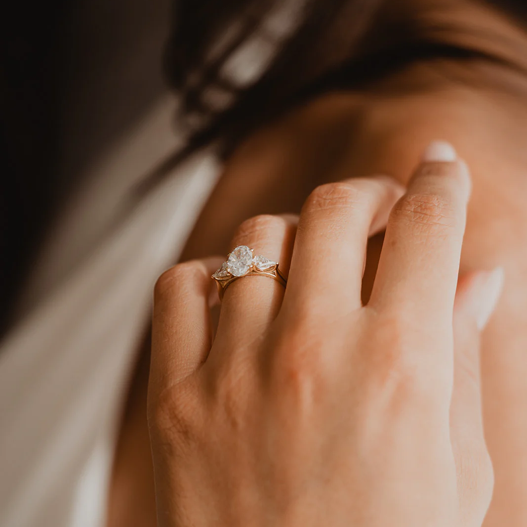 Trilogy Oval and Kite Engagement Ring | Lab Grown Diamond | 14K Yellow Gold Three Stone Ring