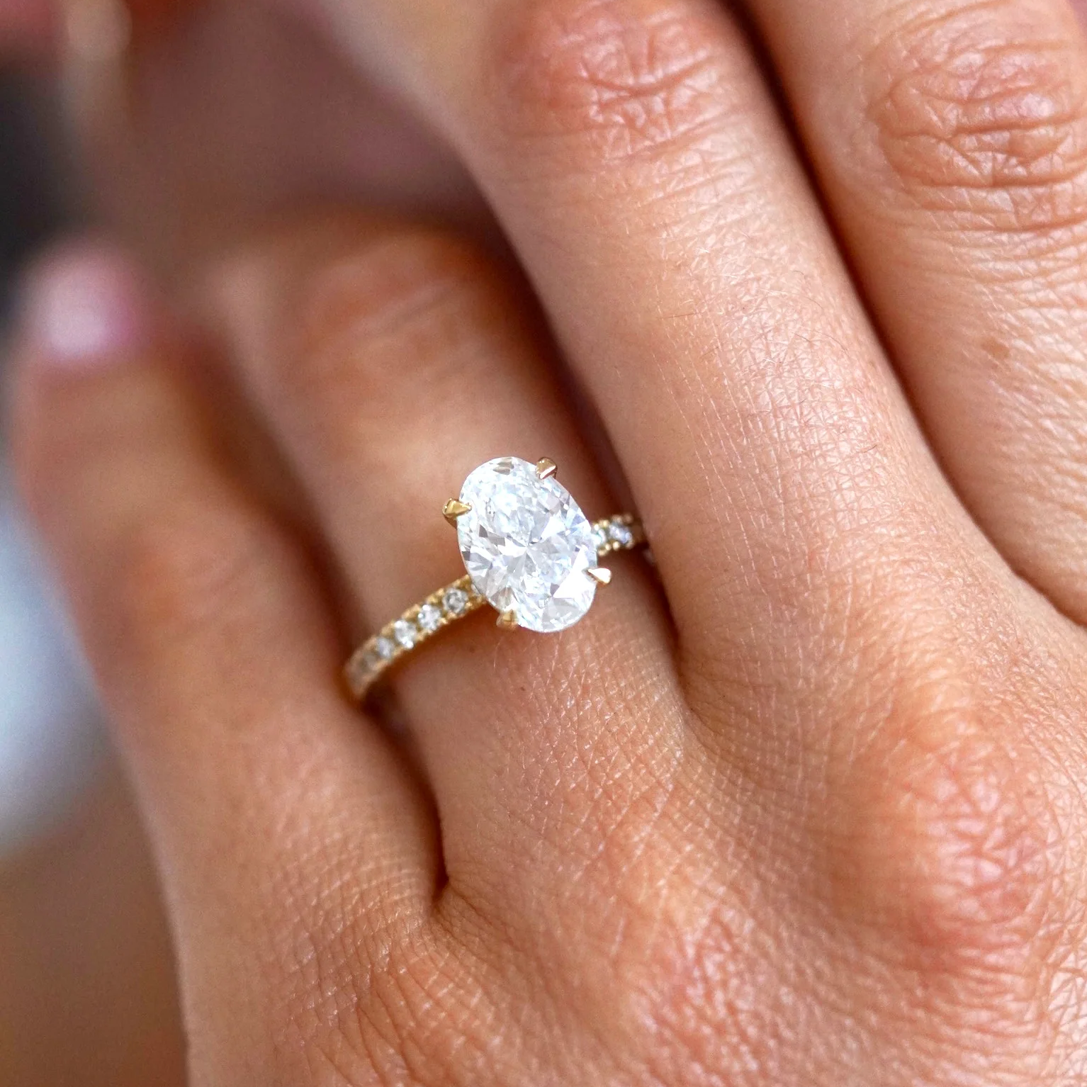 Oval Pave Band Engagement Ring | Lab Grown Diamond | 14K Yellow Gold Classic Bridal Ring