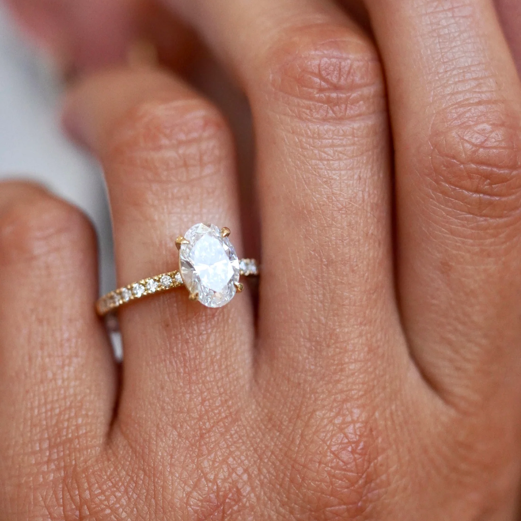 Oval Pave Band Engagement Ring | Lab Grown Diamond | 14K Yellow Gold Classic Bridal Ring