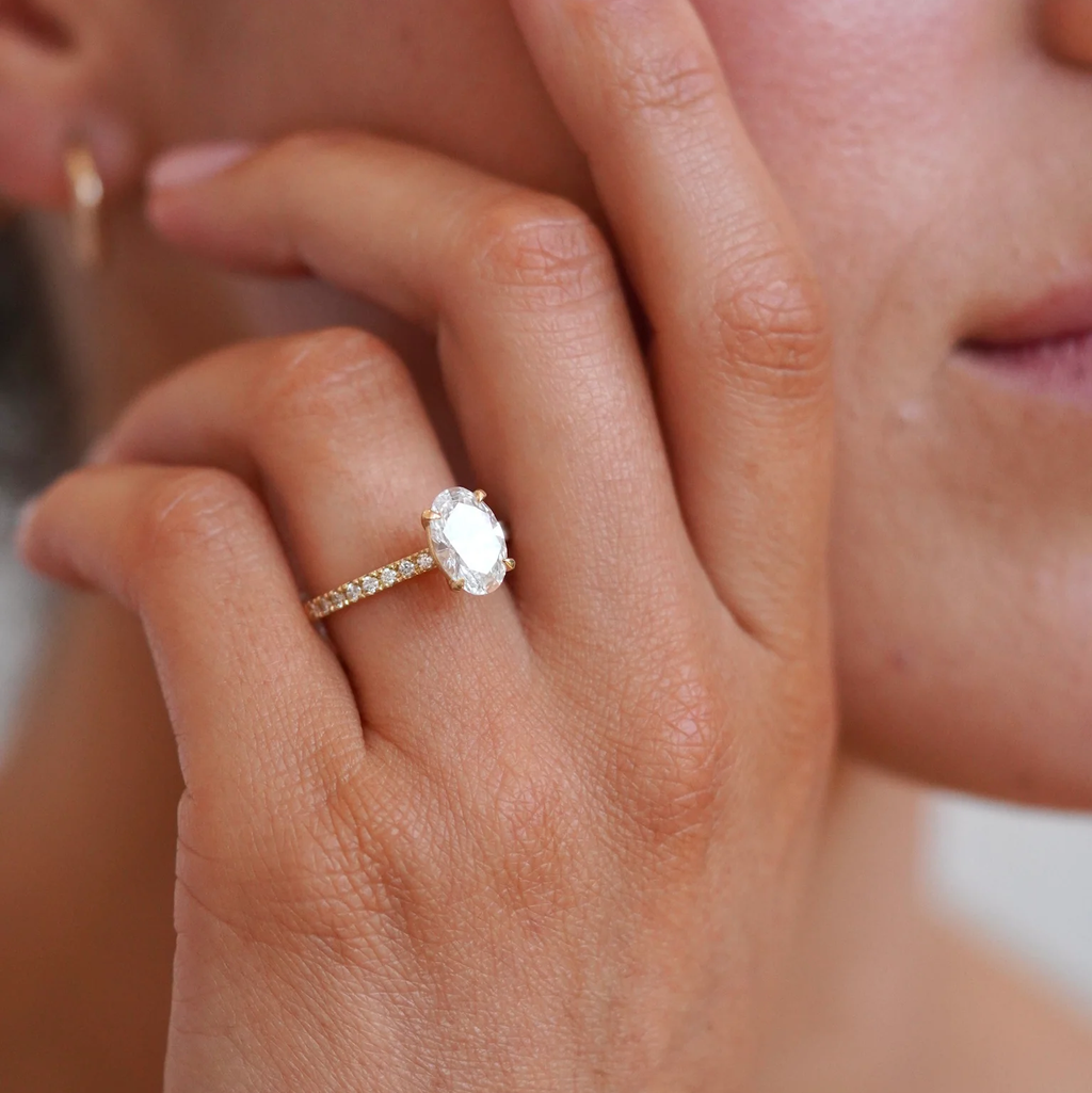 Oval Pave Band Engagement Ring | Lab Grown Diamond | 14K Yellow Gold Classic Bridal Ring