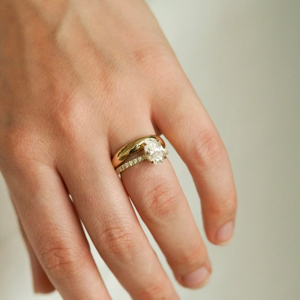 Oval Pave Band Engagement Ring | Lab Grown Diamond | 14K Yellow Gold Classic Bridal Ring