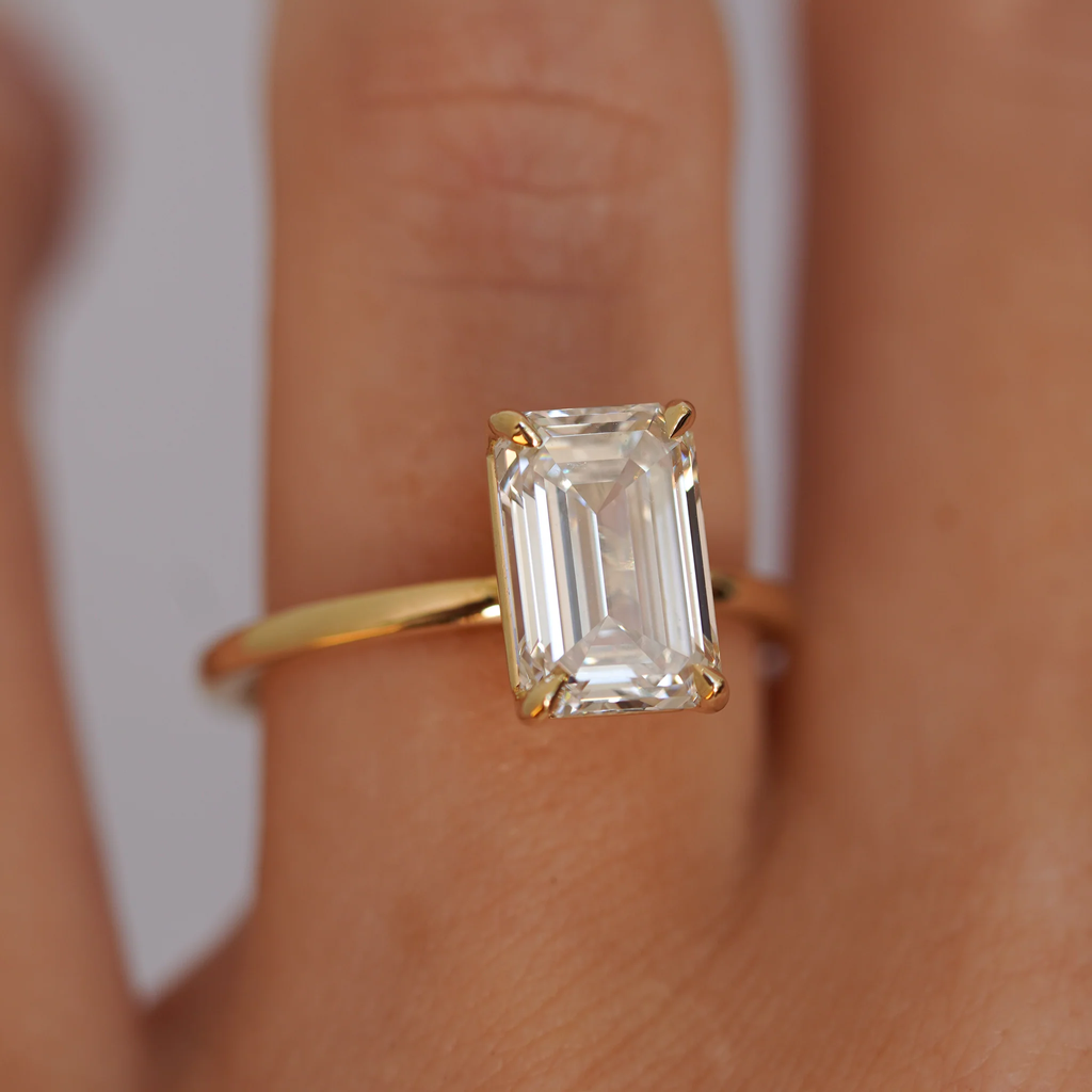 Classic Emerald Solitaire Engagement Ring | Lab Grown Diamond | 14K Yellow Gold Elegant Bridal Ring