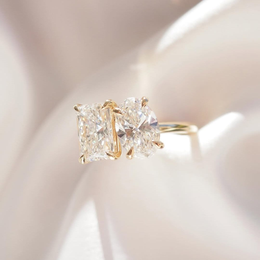 Toi et Moi Oval & Radiant Engagement Ring | Lab Grown Diamond | 14K Yellow Gold Modern Two Stone Ring