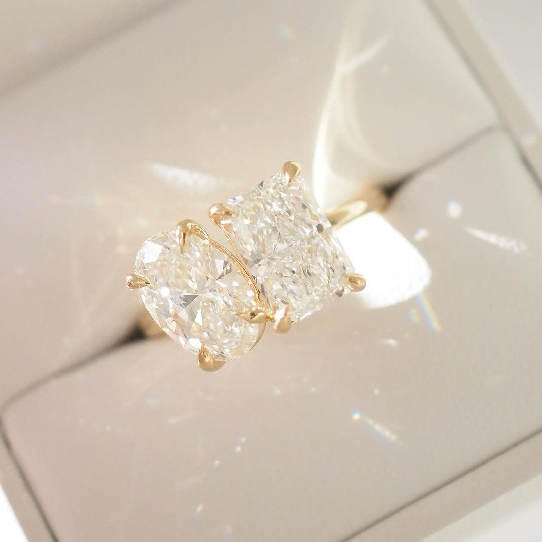 Toi et Moi Oval & Radiant Engagement Ring | Lab Grown Diamond | 14K Yellow Gold Modern Two Stone Ring