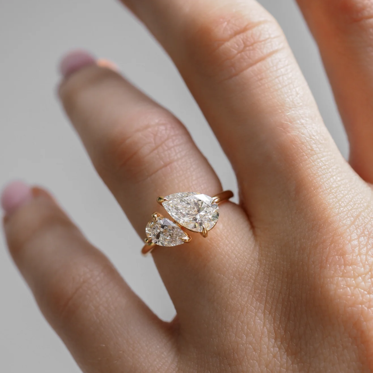Dual Pear Toi et Moi Engagement Ring | Lab Grown Diamond | 14K Yellow Gold Elegant Bridal Jewelry