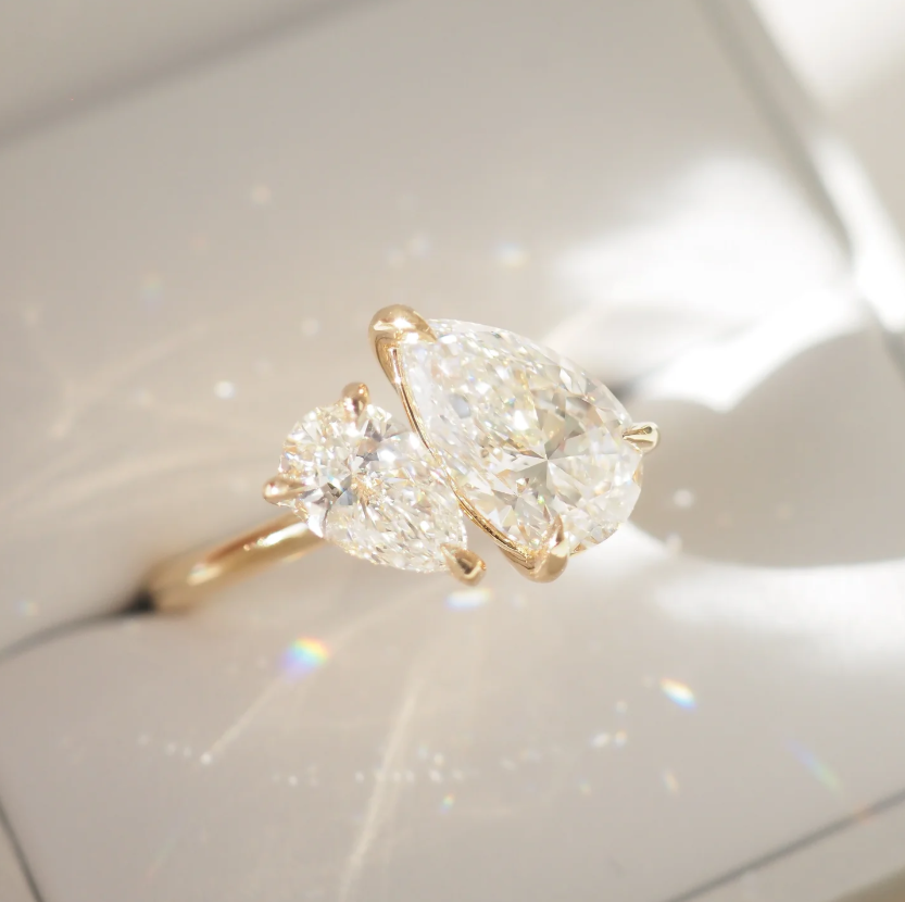 Dual Pear Toi et Moi Engagement Ring | Lab Grown Diamond | 14K Yellow Gold Elegant Bridal Jewelry