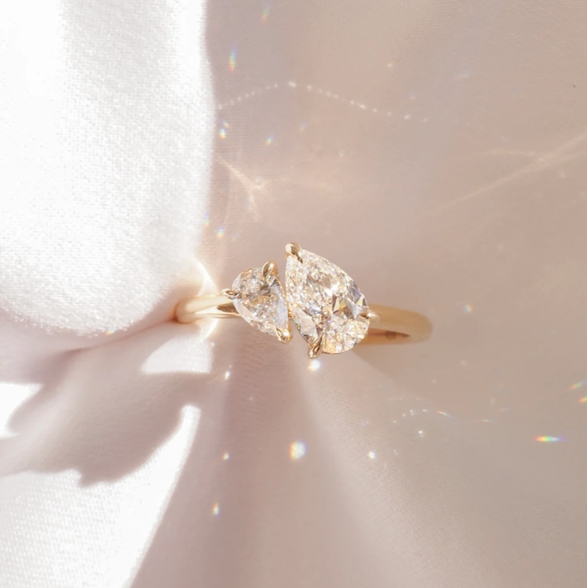 Dual Pear Toi et Moi Engagement Ring | Lab Grown Diamond | 14K Yellow Gold Elegant Bridal Jewelry