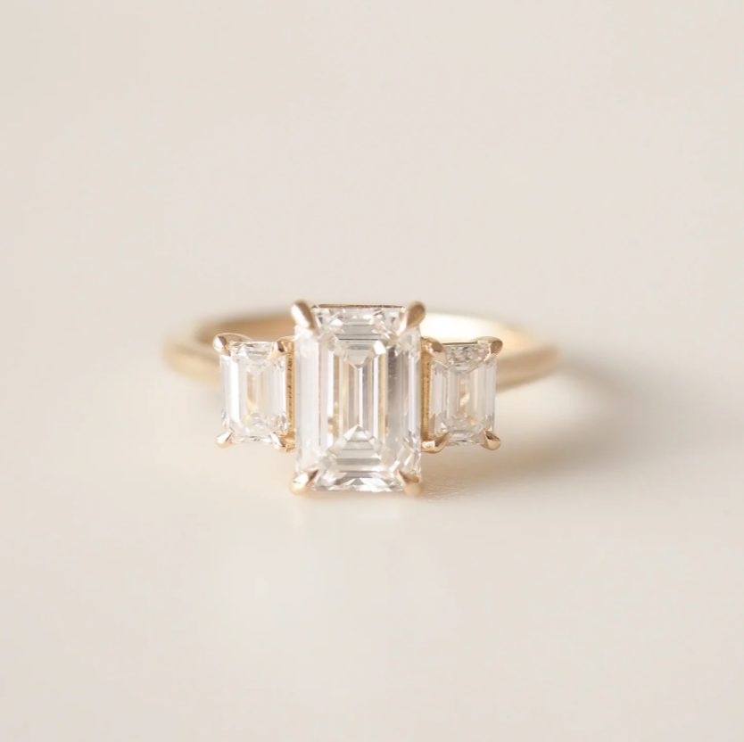 Elegant 3 Stone Emerald Engagement Ring | Lab Grown Diamond | 14K Yellow Gold Classic Three Stone Design