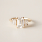 Elegant 3 Stone Emerald Engagement Ring | Lab Grown Diamond | 14K Yellow Gold Classic Three Stone Design