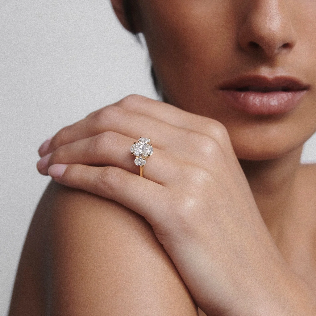 Oval Three Stone Ring | Lab Grown Diamond | 14K Yellow Gold Contemporary Design