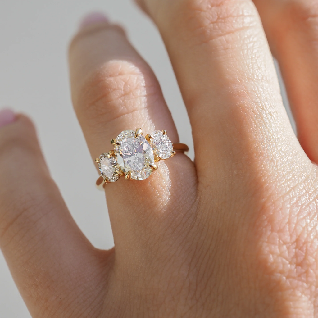 Oval Three Stone Ring | Lab Grown Diamond | 14K Yellow Gold Contemporary Design