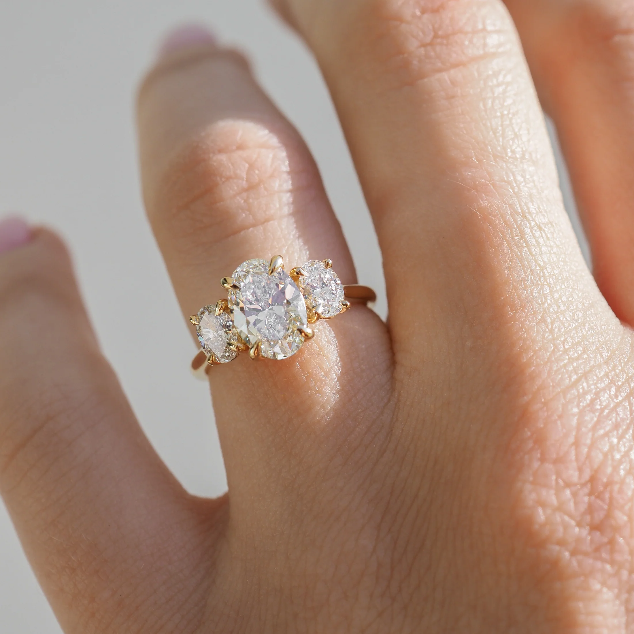 Oval Three Stone Ring | Lab Grown Diamond | 14K Yellow Gold Contemporary Design