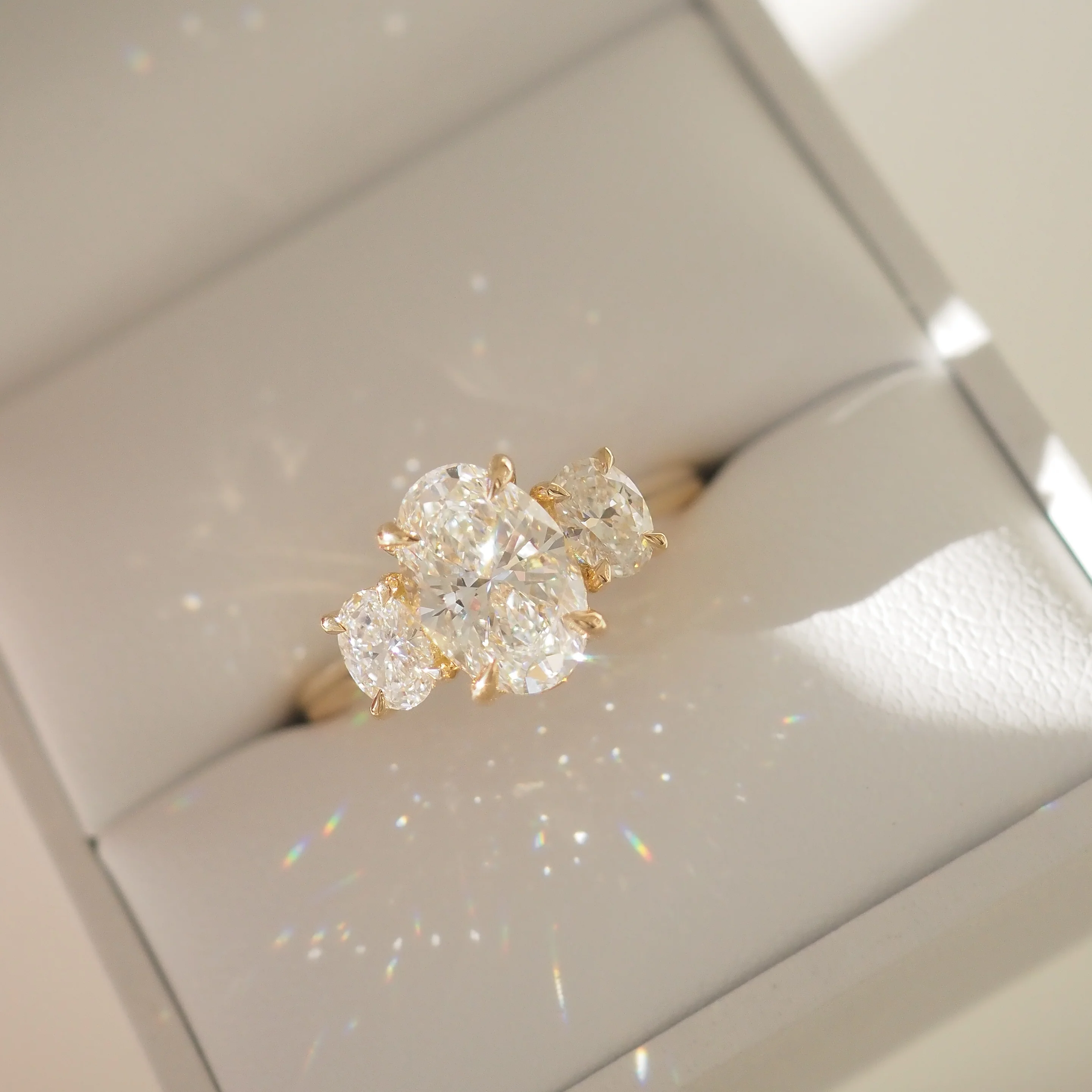 Oval Three Stone Ring | Lab Grown Diamond | 14K Yellow Gold Contemporary Design