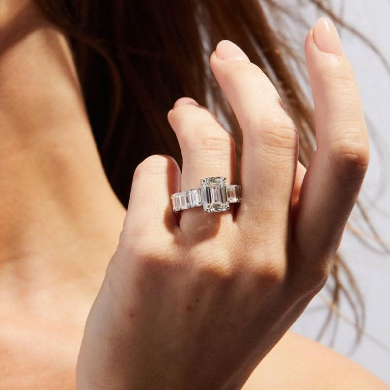 Elegant Emerald Shaped Engagement Ring | Lab Grown Diamond | 14K Yellow Gold Eternity Side Stone Design