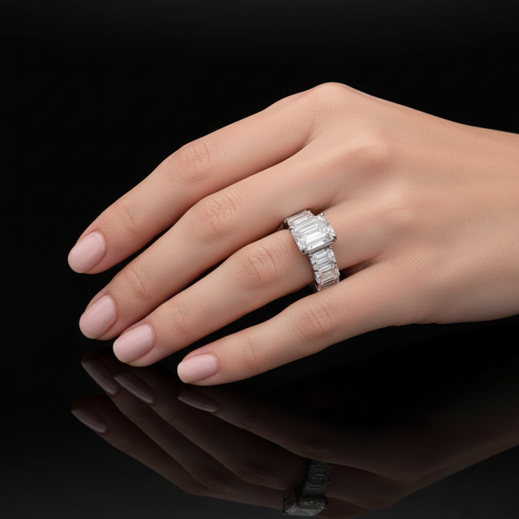 Elegant Emerald Shaped Engagement Ring | Lab Grown Diamond | 14K Yellow Gold Eternity Side Stone Design