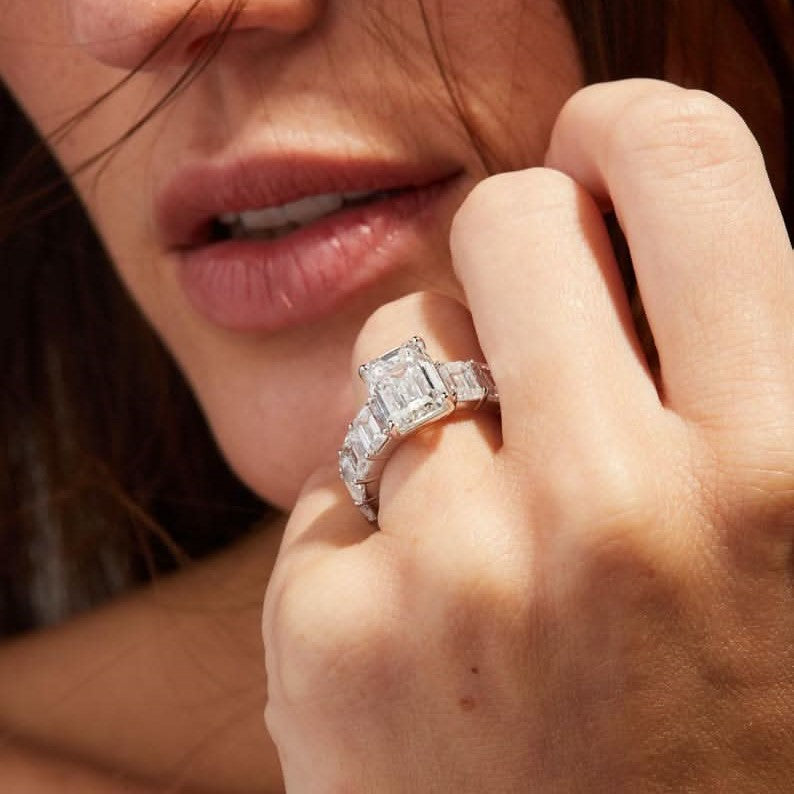 Elegant Emerald Shaped Engagement Ring | Lab Grown Diamond | 14K Yellow Gold Eternity Side Stone Design