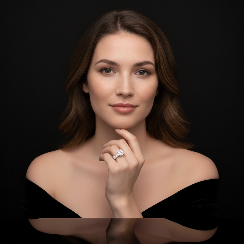 Elegant Emerald Shaped Engagement Ring | Lab Grown Diamond | 14K Yellow Gold Eternity Side Stone Design