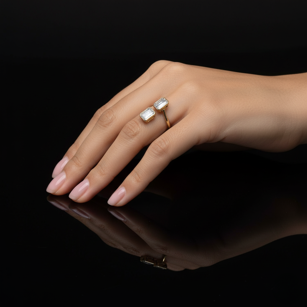 Bezel Bypass Double Emerald Cut Ring | Lab Grown Diamond | 14K Yellow Gold Classic Style