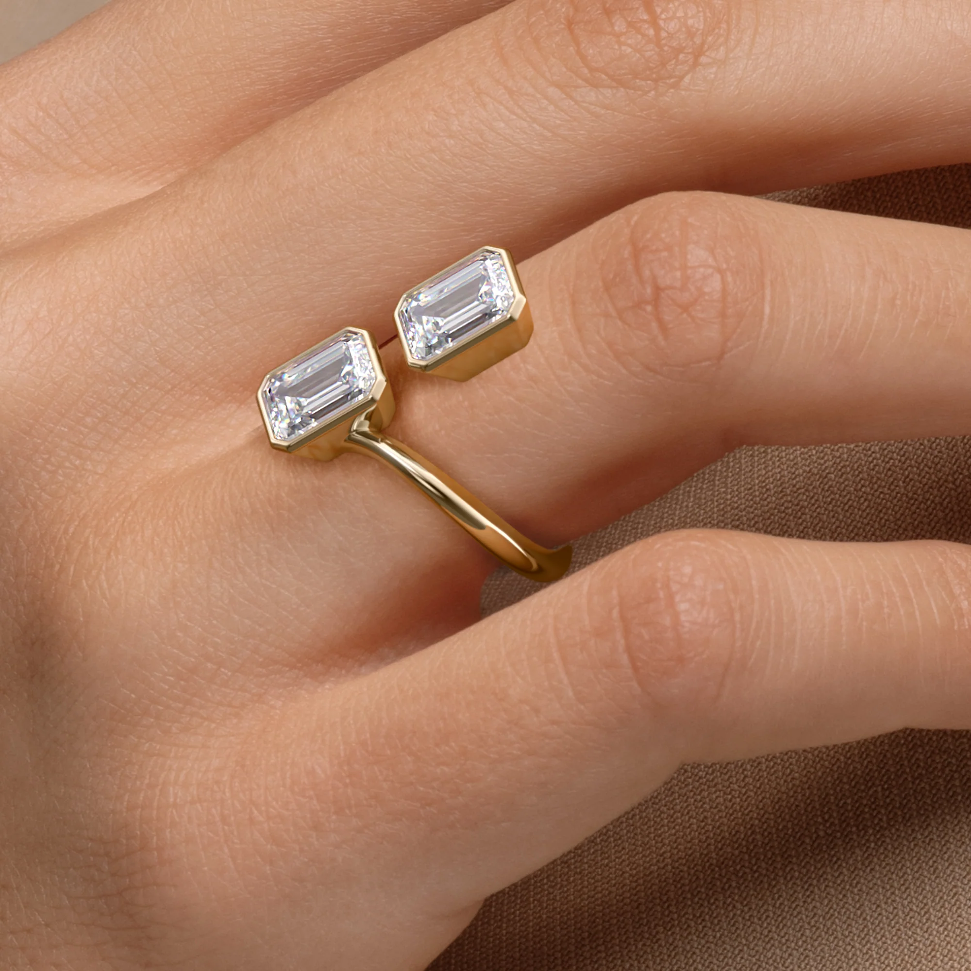 Bezel Bypass Double Emerald Cut Ring | Lab Grown Diamond | 14K Yellow Gold Classic Style