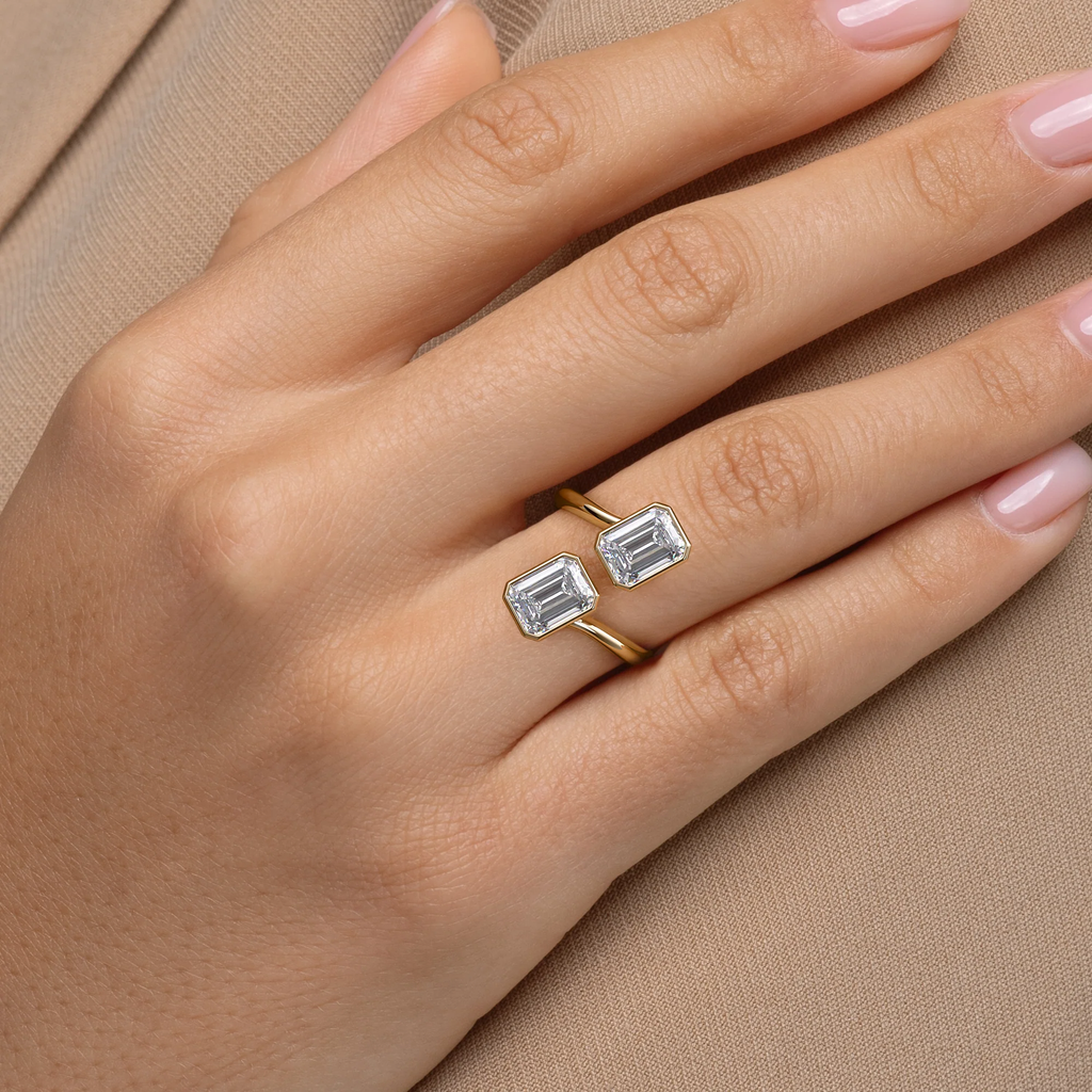 Bezel Bypass Double Emerald Cut Ring | Lab Grown Diamond | 14K Yellow Gold Classic Style