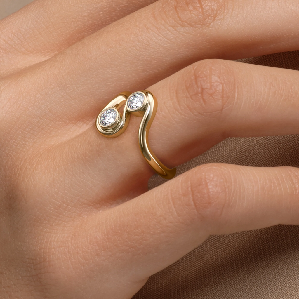 Two Round Cut Stone Swirl Ring | Lab Grown Diamond | 14K Yellow Gold Modern Ring
