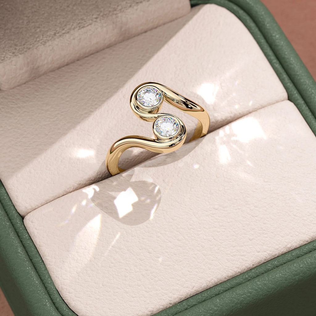 Two Round Cut Stone Swirl Ring | Lab Grown Diamond | 14K Yellow Gold Modern Ring