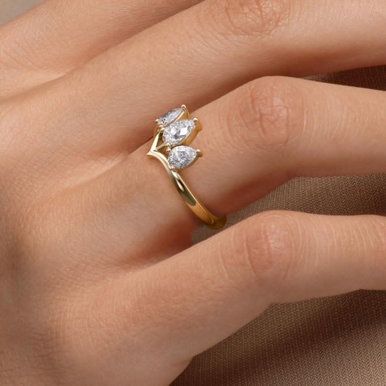 Crown Style Pear Cut Ring | Lab Grown Diamond | 14K Yellow Gold Classic Style