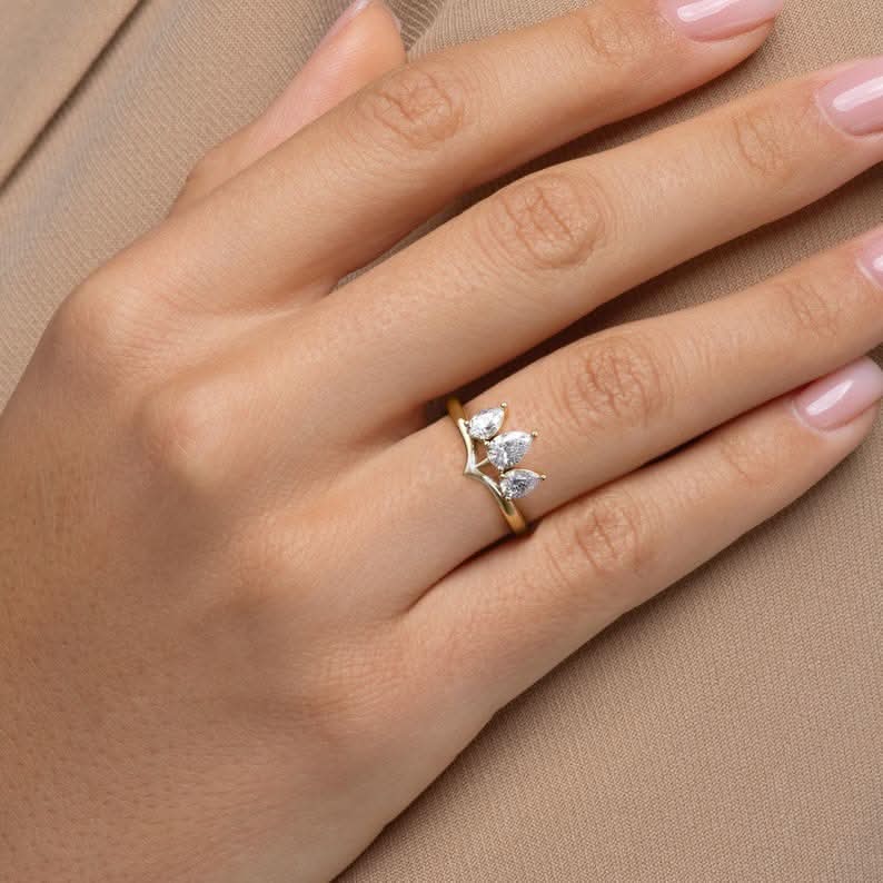 Crown Style Pear Cut Ring | Lab Grown Diamond | 14K Yellow Gold Classic Style