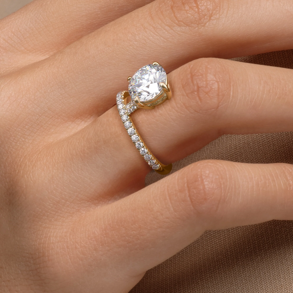 Round Brilliant Cut Engagement Ring with Hidden Halo & Pave Band | Lab Grown Diamond | 14K Yellow Gold