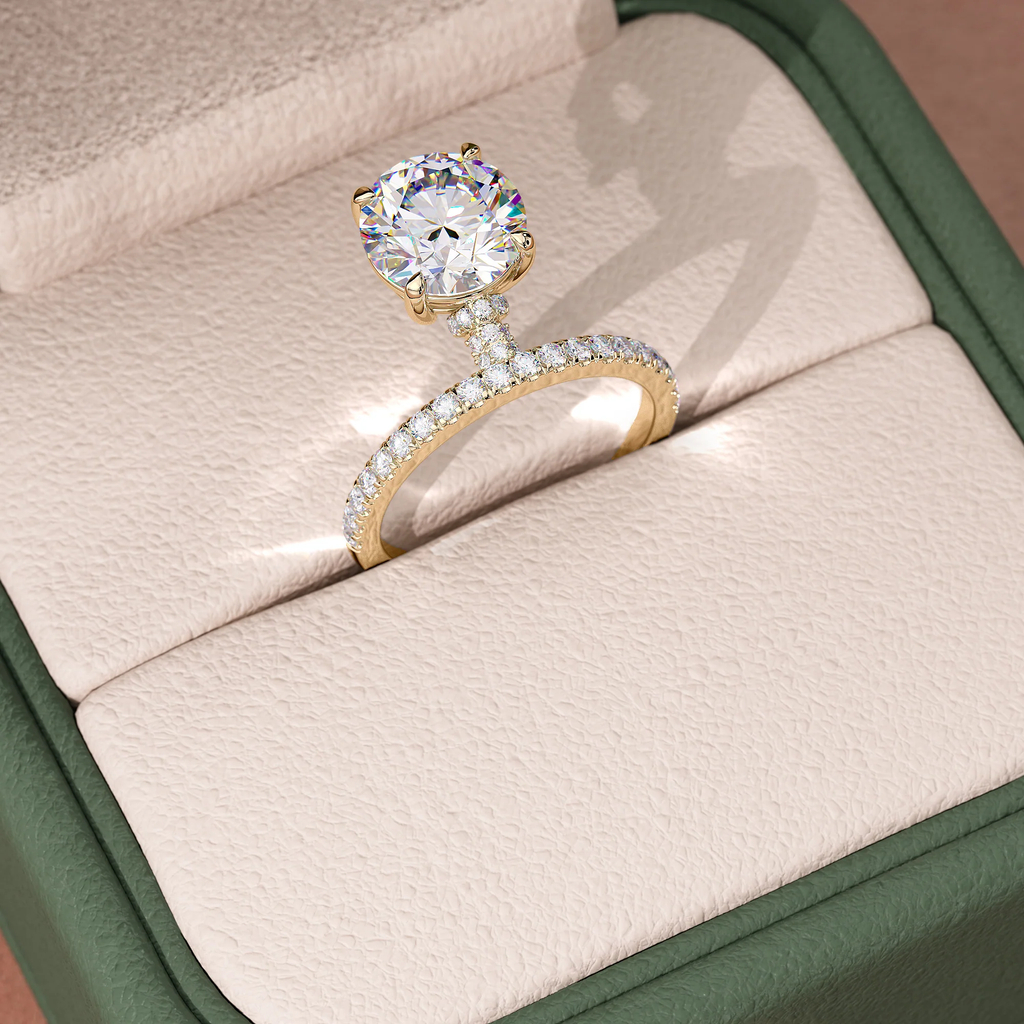 Round Brilliant Cut Engagement Ring with Hidden Halo & Pave Band | Lab Grown Diamond | 14K Yellow Gold