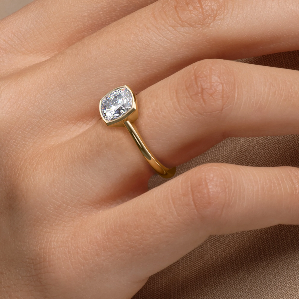 Cushion Cut Engagement Ring Bezel Setting | Lab Grown Diamond | 14K Yellow Gold Modern Ring
