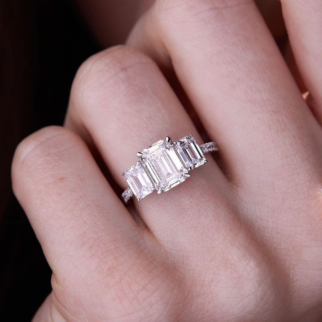 Emerald Cut 3 Stone Engagement Ring | Lab Grown Diamond | 14K Yellow Gold Classic Design